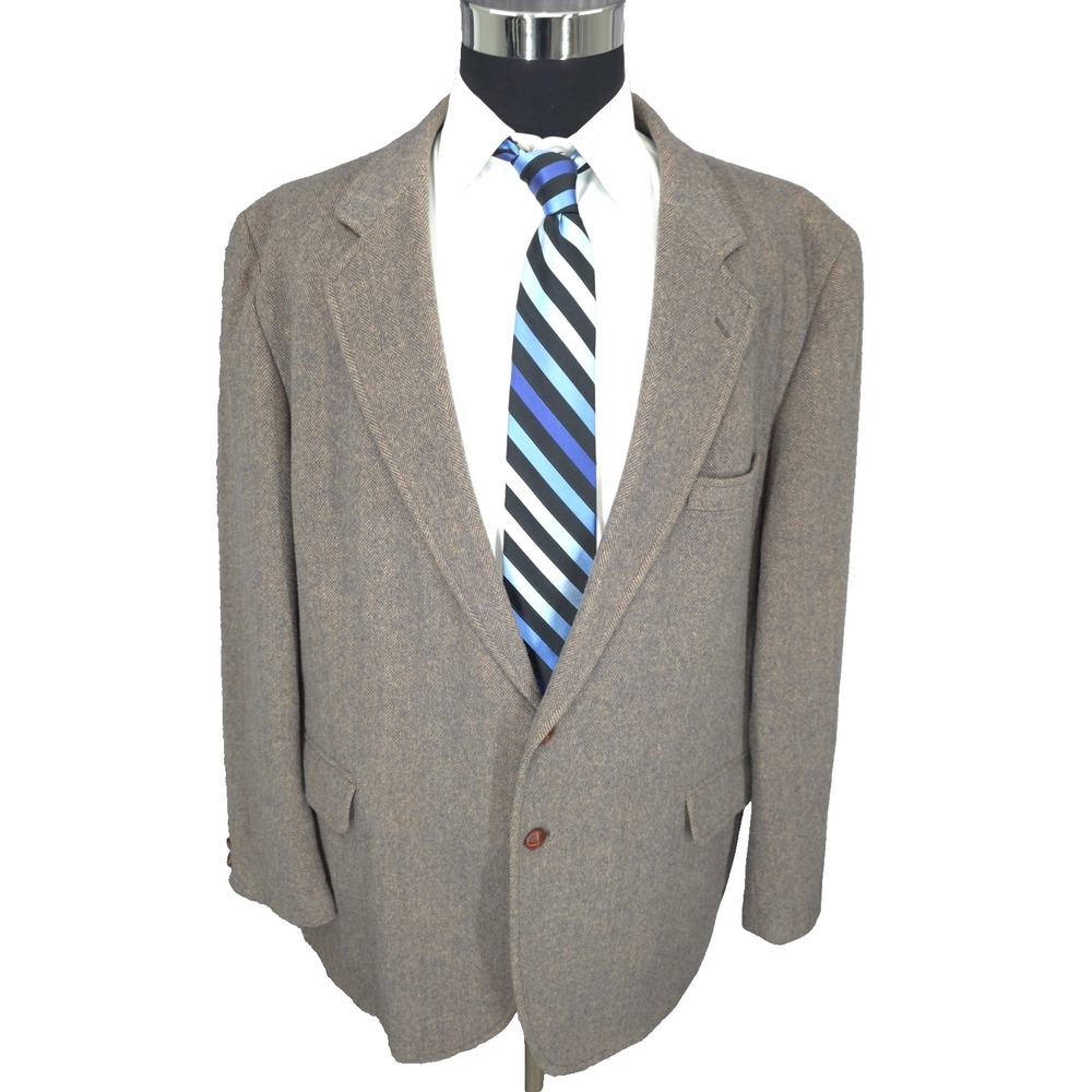 English Manor Tweed Blazer Jacket Mens‎ 48 L Brown Sport Coat 2 B Wooden Buttons
